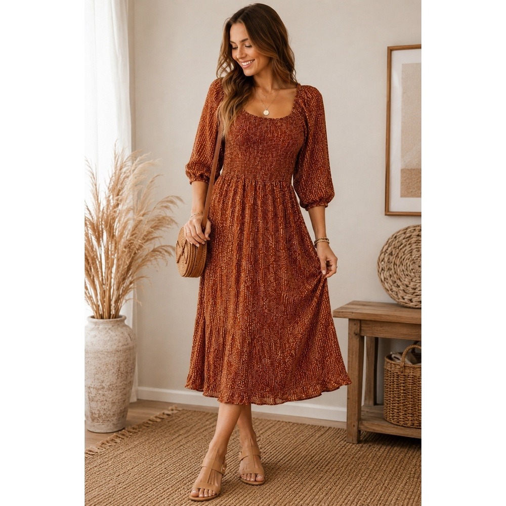 Gilli Dress Small Rust Brown Smocked Babydoll Midi 3/4 Balloon Sleeve Boho